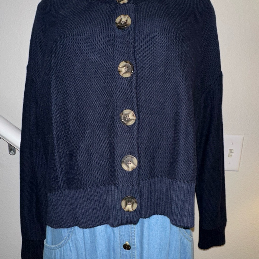 Quince Organic cotton Button Down navy Cropped Cardigan Banded Sleeve collar Sm - Picture 5 of 6